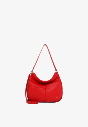 Sac à bandoulière en cuir rouge avec dessus incurvé, poche extérieure, détails de fermeture éclair argentée et bandoulière réglable.