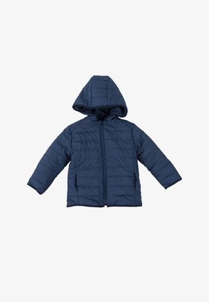 Veste matelassée bleu marine avec capuche, manches longues, fermeture éclair sur le devant et poches latérales, posée à plat sur fond blanc.