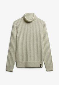 Beżowy sweter z golfem o prążkowanej strukturze wykonany z dzianiny. Posiada wysoki, zwinięty kołnierz oraz małą metkę z logo na dolnej stronie.