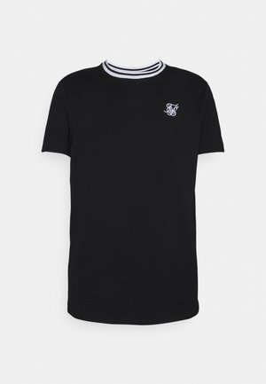 Zwart katoenen T-shirt met korte mouwen, voorzien van een wit gestreepte kraag en een klein wit logo op de borst. Gladde textuur.