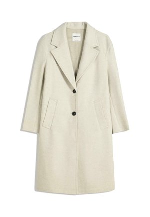 Helle beige Jacke mit Reverskragen, zwei vorderen Taschen und zwei schwarzen Knöpfen. Aus strukturiertem Stoff gefertigt, mit einem knielangen Schnitt.