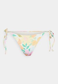 Ziedu bikini apakšdaļa ar pasteļtoņiem, tostarp rozā, dzeltenā un zaļā. Iezīmē blakus saites un gludu, elastīgu audumu.