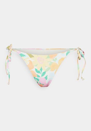 Gėlių bikini apatinė dalis su pastelinių spalvų deriniu, įskaitant rožinę, geltoną ir žalią. Turinti šoninius raištelius ir glotnų, elastingą audinį.