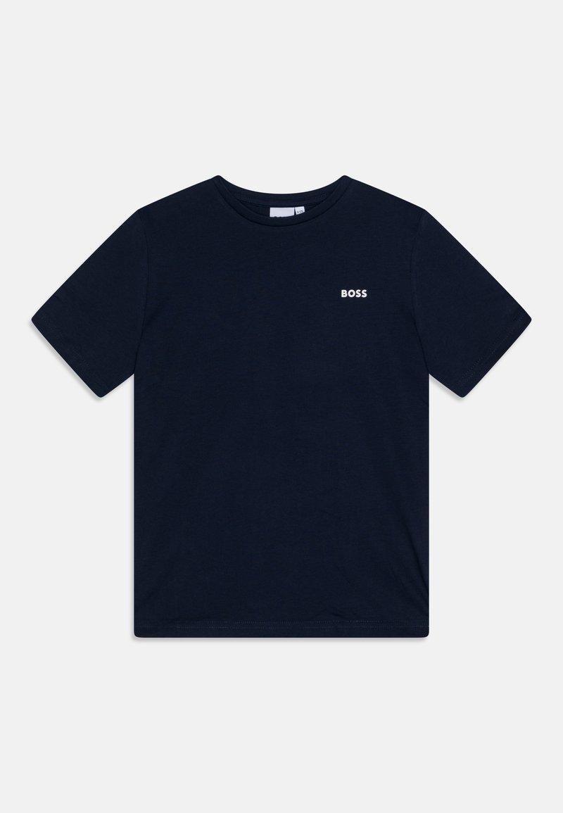 T-shirt à manches courtes bleu marine en coton, présentant un petit logo blanc "BOSS" sur la poitrine gauche. Texture lisse, col rond.