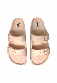 Sandali rosa chiaro con due cinturini regolabili dotati di fibbie in metallo. La soletta è sagomata con una finitura liscia.