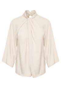 Blusa beige chiaro con colletto alto, dettagli drappeggiati sul davanti e maniche a tre quarti. Realizzata in un morbido tessuto testurizzato.