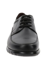 Scarpa in pelle nera con una punta arrotondata, dotata di sei fori per i lacci, superficie liscia e suola in gomma per una buona aderenza.