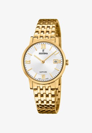 Zlatým tónom ladené hodinky Festina so stenčovacím nerezovým pleteným remienkom, bielym ciferníkom, rímskymi číslicami, zafírovým kryštálom a zobrazením dátumu na 3. hodine.