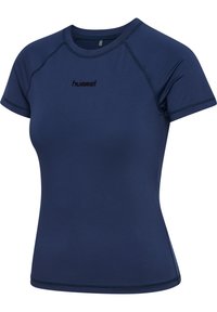 Navy blue short-sleeve athletic shirt with crew neck and black "hummel" logo at center chest, fitted cut with visible stitching details.