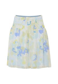 Kukkakuvioinen hame, jossa on keltaisia, sinisiä ja vihreitä sävyjä, valmistettu kevyestä kankaasta, jossa on elastinen rypytetty vyötärö ja pussitettu muoto.