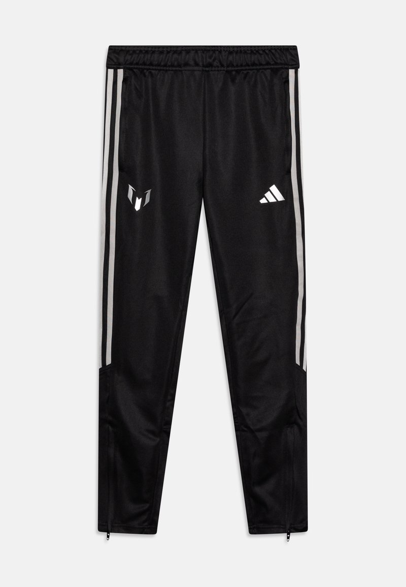 Pantalons de sport noirs en tissu lisse, avec des bandes blanches, des accents de logo et des poignets zippés pour plus de fonctionnalité.