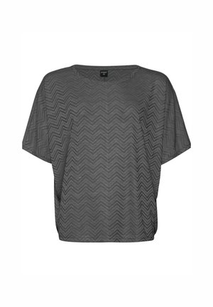 Pilkos spalvos trumpomis rankovėmis marškiniai su tekstūruota chevrono rašto medžiaga, plačiu apykaklės iškirpimu ir laisvu tonu.