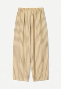 Beige, leichte Stoffhosen mit vertikalen dunklen Streifen, ausgestattet mit einem elastischen Bund und einem lockeren, schmal zulaufenden Design.