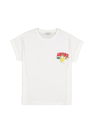 Wit katoenen T-shirt met korte opgerolde mouwen, bedrukt met de tekst "AMORE" in rood, vergezeld door een ontwerp van een citroen en groene bladeren op de borst.