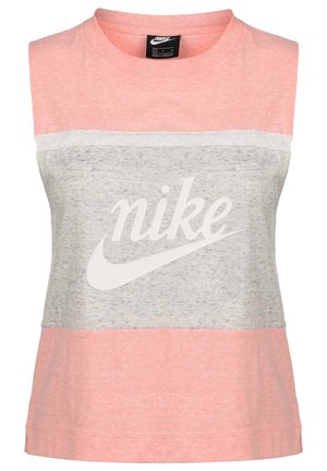 Bezrękawnik Nike z jasno różowymi i szarymi paskami, wykonany z bawełnianej mieszanki, z wyraźnym białym logo na przodzie.