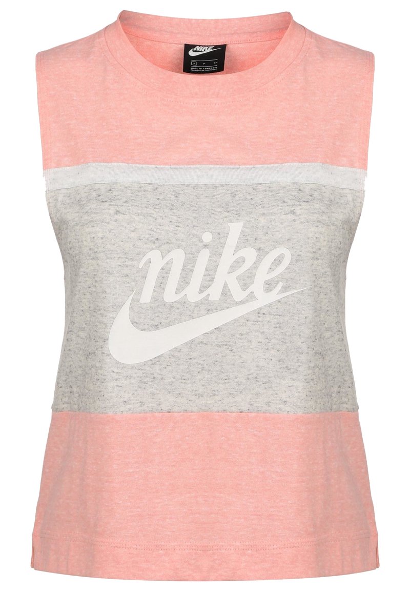 Bezrękawnik Nike z jasno różowymi i szarymi paskami, wykonany z bawełnianej mieszanki, z wyraźnym białym logo na przodzie.