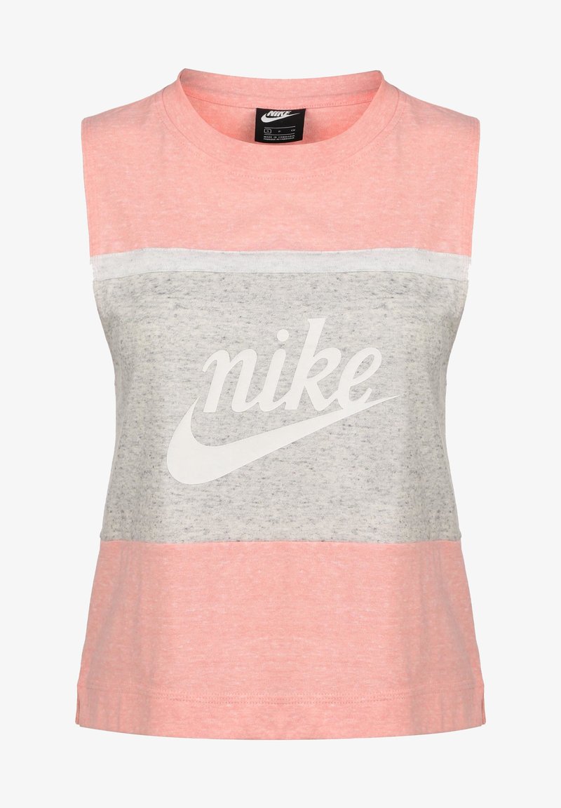 Bezrękawnik Nike z jasno różowymi i szarymi paskami, wykonany z bawełnianej mieszanki, z wyraźnym białym logo na przodzie.