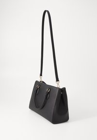 Black synthetic handbag with a structured design, dual handles, and an adjustable shoulder strap; features gold-tone hardware accents.