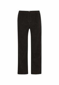 Pantalones de pana negra con pierna recta, cintura elástica y cordón, que presentan una textura de rayas verticales y sin bolsillos visibles.