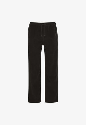 Zwarte corduroybroek met rechte pijpen, elastische tailleband en trekkoord, met verticale ribbelstructuur en zonder zichtbare zakken.