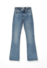 Jeans a campana blu chiaro con vita a media altezza, caratterizzati da un tradizionale design a cinque tasche e una leggera scoloritura sul tessuto.