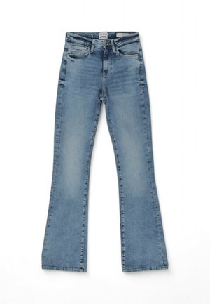 Jeans a campana blu chiaro con vita a media altezza, caratterizzati da un tradizionale design a cinque tasche e una leggera scoloritura sul tessuto.