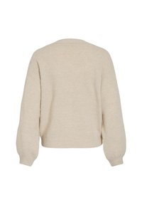 Beige svetr s dlouhým rukávem a žebrovanými manžetami a lemem, zobrazený zezadu na bílém pozadí.