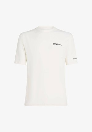Valge lühikeste varrukatega t-särk, valmistatud pehmest kangast, millel on rinnal must O'Neilli logo ja varrukal diskreetne brändimine.
