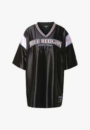 Czarny satynowy krótki rękaw z dekoltem w serek, z logo "TRUE RELIGION" w kolorze białym i różowym oraz kontrastowymi białymi i różowymi paskami na ramionach.