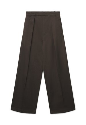Brown wide-leg trousers featuring a tailored design, two front pleats, a flat waistband, and smooth fabric texture.