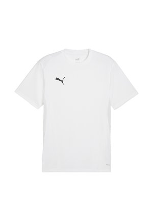 Witte sportieve t-shirt van ademend materiaal, met een zwart Puma-logo op de linkerkant van de borst en korte mouwen.