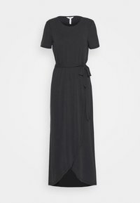 Musta, polvipituinen kietaisumekko, jossa on lyhyet hihat, solmittava vyö ja pehmeä, sileä pinta. Mekossa on pyöreä pääntie ja sivuhalkio.