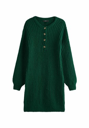 Robe en tricot côtelé vert avec des manches longues et un col rond. Patte de boutonnage à cinq boutons à l'avant, texture douce et coupe décontractée.