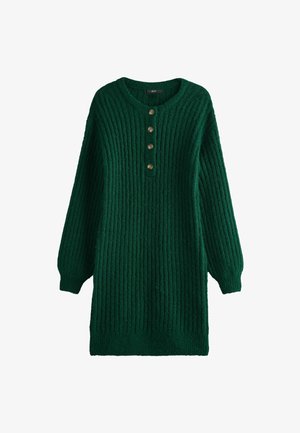 Žalia mėlyna megzta suknelė ilgomis rankovėmis ir apvaliu iškirpimu. Priekyje penkių mygtukų užsegimas, minkšta tekstūra ir laisvas siluetas.
