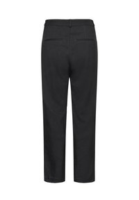 Zwarte broek met een rechte snit, voorzien van twee achterzakken en een gladde textuur. De tailleband heeft een eenvoudig ontwerp zonder aanvullende versieringen.