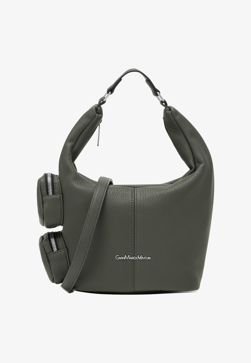 Sac à main en cuir vert au design incurvé, avec une poignée supérieure et une bandoulière amovible. Il dispose de deux poches latérales zippées et d'un logo de marque visible.