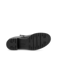 Bottine en cuir noir avec fermeture éclair, semelle en caoutchouc texturée présentant des rainures parallèles et le logo Gabor, design solide et flexible.
