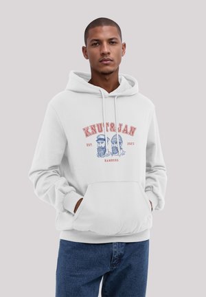 Weißer Baumwoll-Hoodie mit einer frontalen Tasche und einem Grafikdruck, der zwei bärtige Figuren und Text zeigt. Lässiger Schnitt mit gerippten Bündchen.