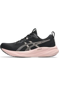 Black athletic shoe with a breathable mesh upper, sleek design, pink midsole, and black outsole. Features contrasting white logo accents.