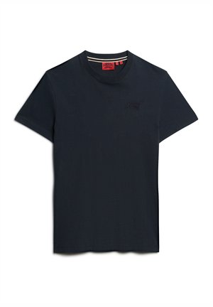 Navyblauwe katoenen t-shirt met korte mouwen, ronde halslijn en subtiele logo borduring op de borst; gladde textuur, klassieke pasvorm.