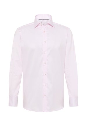 Lichtroze overhemd met lange mouwen en knopen, voorzien van een klassieke kraag, gemaakt van soepel materiaal, met een volledige knoopsluiting aan de voorkant en enkele manchetten.