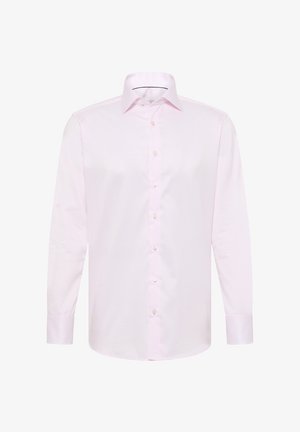 Lichtroze overhemd met lange mouwen en knopen, voorzien van een klassieke kraag, gemaakt van soepel materiaal, met een volledige knoopsluiting aan de voorkant en enkele manchetten.