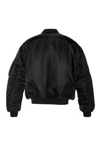 Schwarze Bomberjacke mit glatter, glänzender Oberfläche, gerippten Bündchen und Saum, gepolsterten, voluminösen Ärmeln und ohne sichtbare Hardware.
