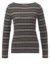 Czarna bluzka z długim rękawem z poziomymi białymi kropkowanymi liniami i brązowymi paskami z wzorem łańcucha na całej długości ciała i rękawów.