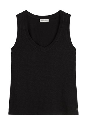 Schwarzes ärmelloses Tanktop mit V-Ausschnitt, aus weichem Stoff gefertigt. Dezente Textur, ohne Muster oder Hardware, mit kleinem Logo am Saum.