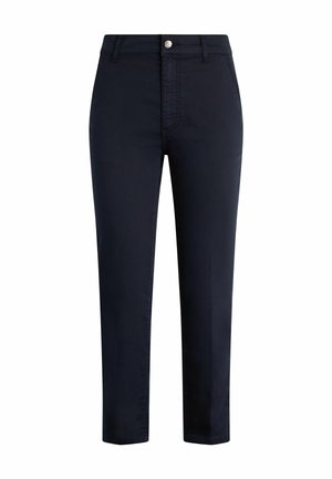 Navy blue cotton chinos featuring a classic cut, front pockets, and a single button closure with a zipper fly. Smooth texture, minimal detailing.