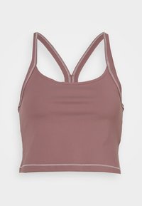 Top corto mauve con una texture liscia, con spalline incrociate e cuciture a contrasto lungo i bordi. Design semplice, senza pattern.