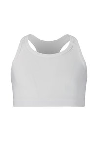 Valkoinen urheilullinen crop-top, jossa on sileä pinta, urheilullinen selkäosa ja ei näkyviä saumoja, sopii urheilutoimintaan.