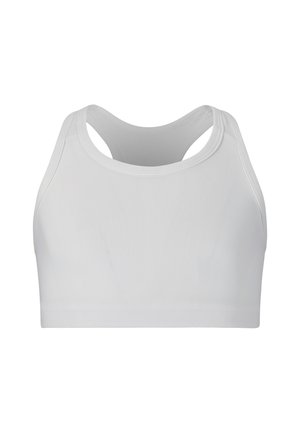 Vit atletisk crop top med en slät yta, racerback-design och inga synliga sömmar, lämplig för sportaktiviteter.
