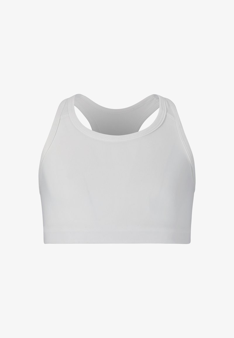 Weißes Sport-Crop-Top mit glatter Textur, Racerback-Design und ohne sichtbare Nähte, geeignet für sportliche Aktivitäten.